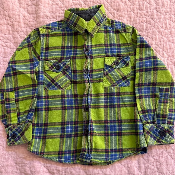 Peek button down flannel plaid in lime green with blue - Picture 1 of 3